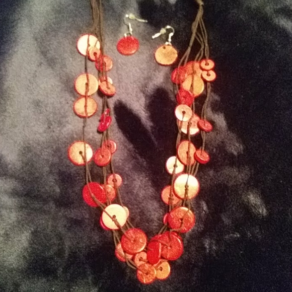 Jewelry - Red and Brown Rope Necklace & Earrings